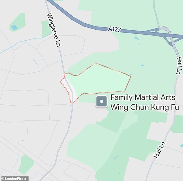 The cause of the fire in Hornchurch is currently under investigation, with crews from Barking, Kentish Town, Soho and other surrounding areas all mobilised to the scene. Pictured: a map that shows where the Hornchurch blaze occurred